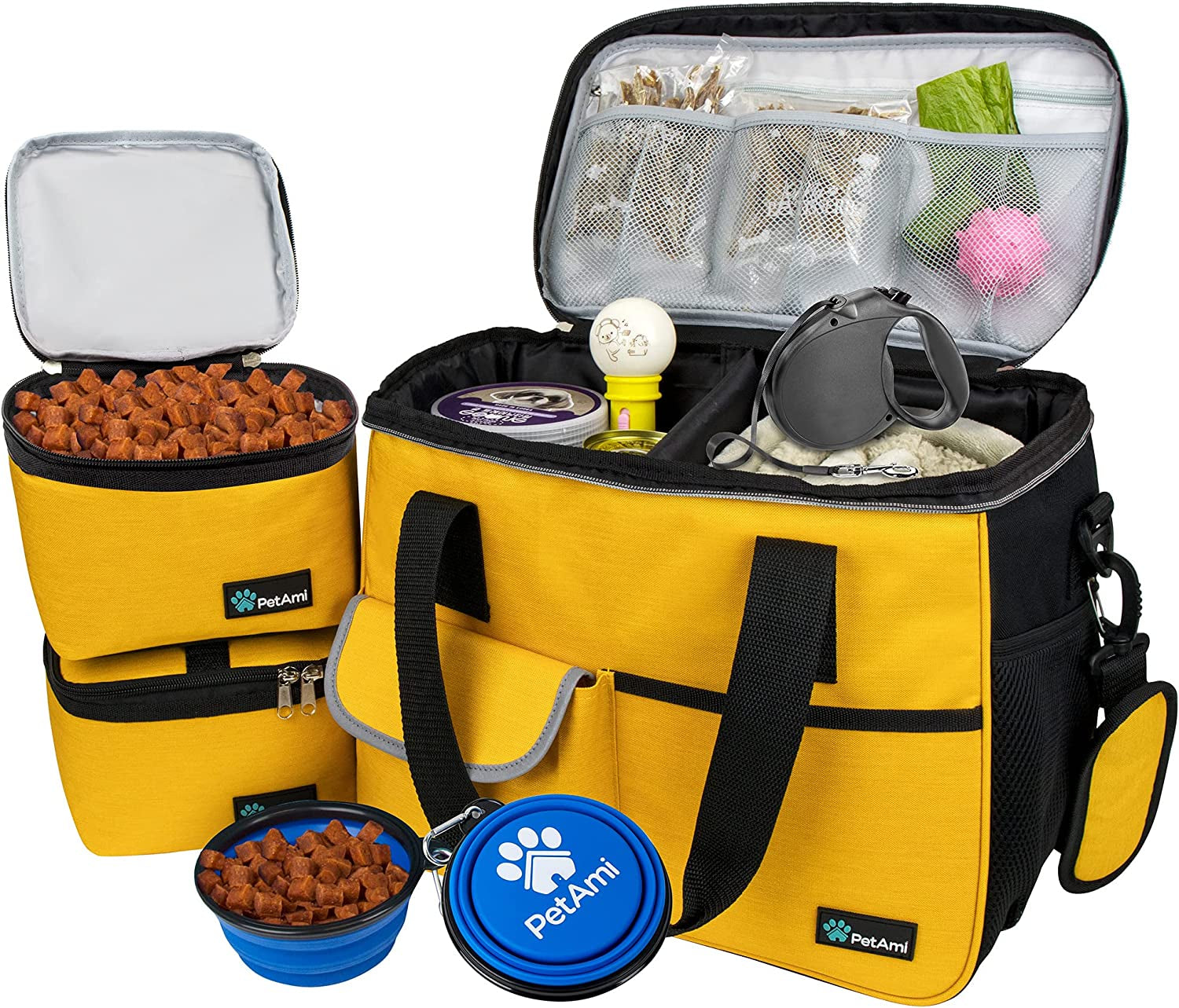 Dog Travel Bag Organizer, Pet Supplies Diaper Tote, Yellow Medium | Pet Travel Kit with 2 Food Containers & 2 Collapsible Dog Bowls, Luggage Sleeve, Weekend Getaway Road Trip Camping Essentials