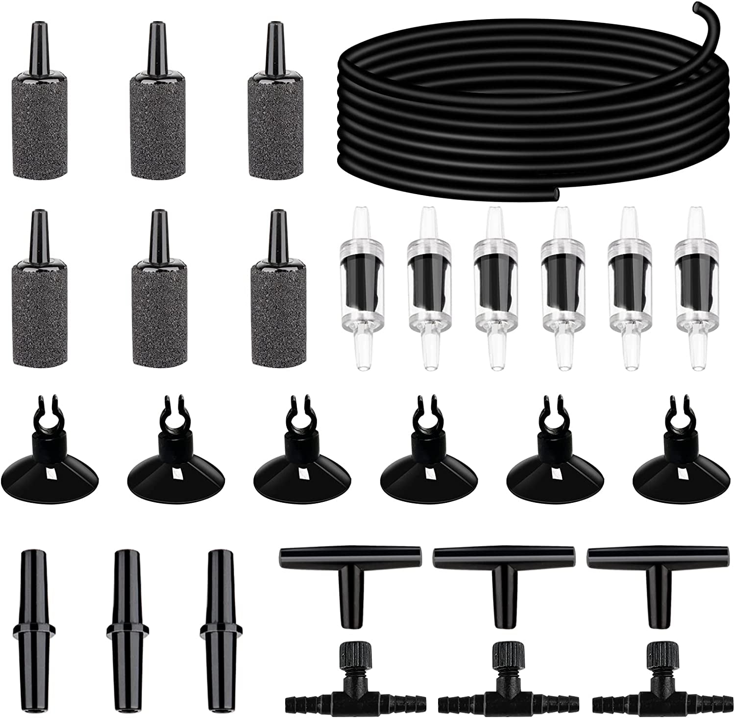 19.68 Feet Black Aquarium Airline Tubing 6 Air Stone for Aquarium 6 Aquarium Check Value for Fish Tank 6 Aquarium Suction Cups 3 Each Aquarium Air Controller and I T Hose Connectors