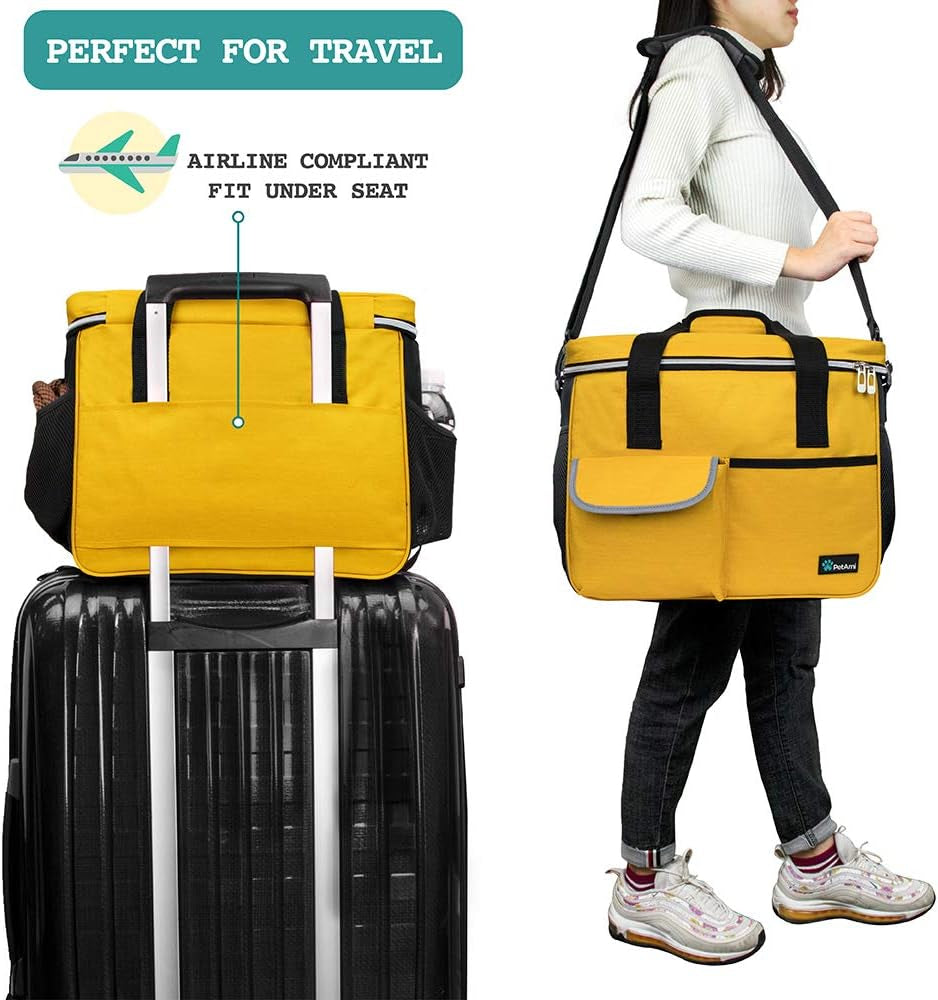 Dog Travel Bag Organizer, Pet Supplies Diaper Tote, Yellow Medium | Pet Travel Kit with 2 Food Containers & 2 Collapsible Dog Bowls, Luggage Sleeve, Weekend Getaway Road Trip Camping Essentials