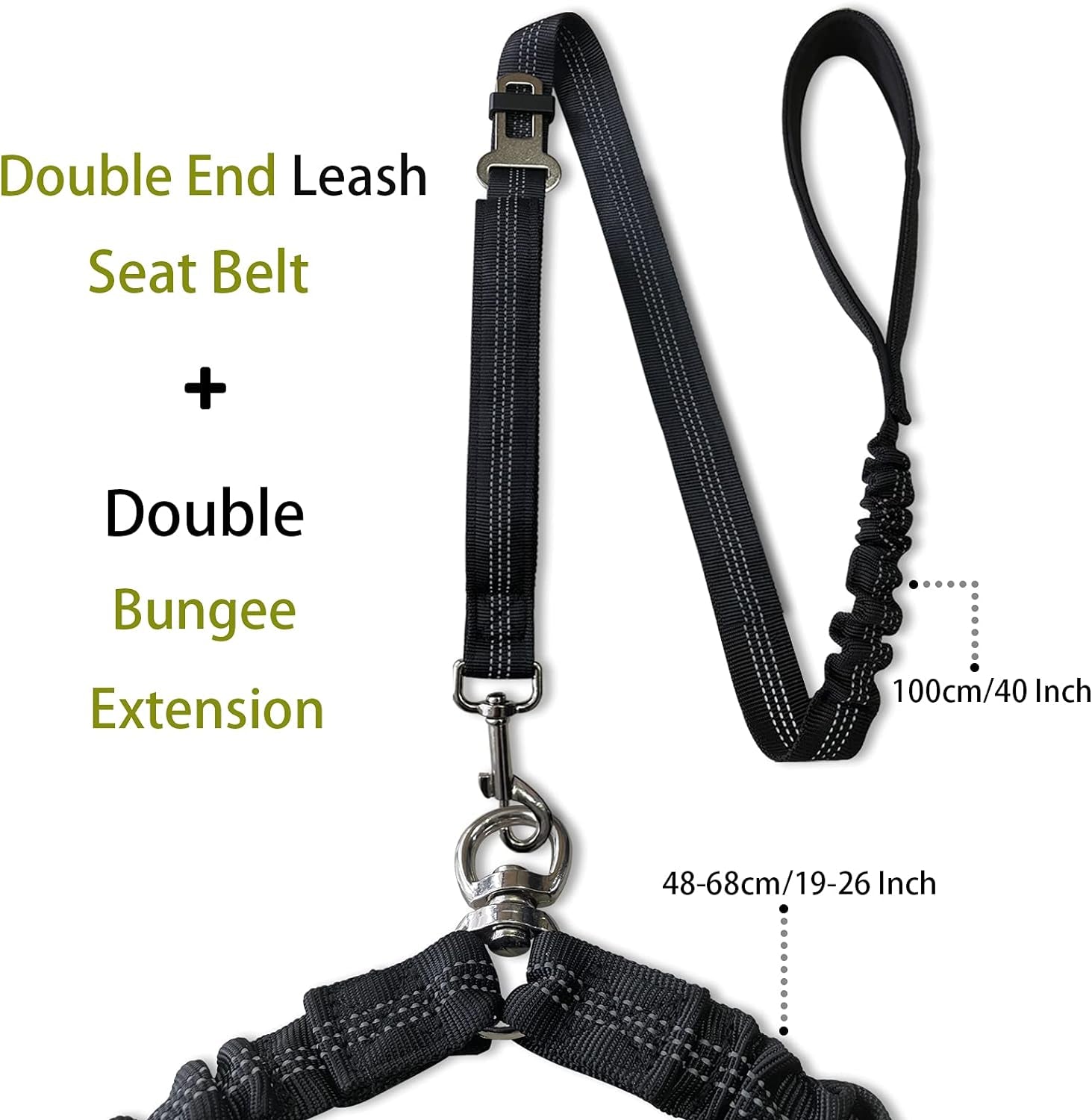 360° No Tangle Double Dog Leash, 2-In-1 Bungee Seatbelt Leash | 360°Tangle Free Coupler, Dual Padded Handles, Shock Bungee Buffer,Adjustable Fits M & L Dogs for Walking & Car Travel