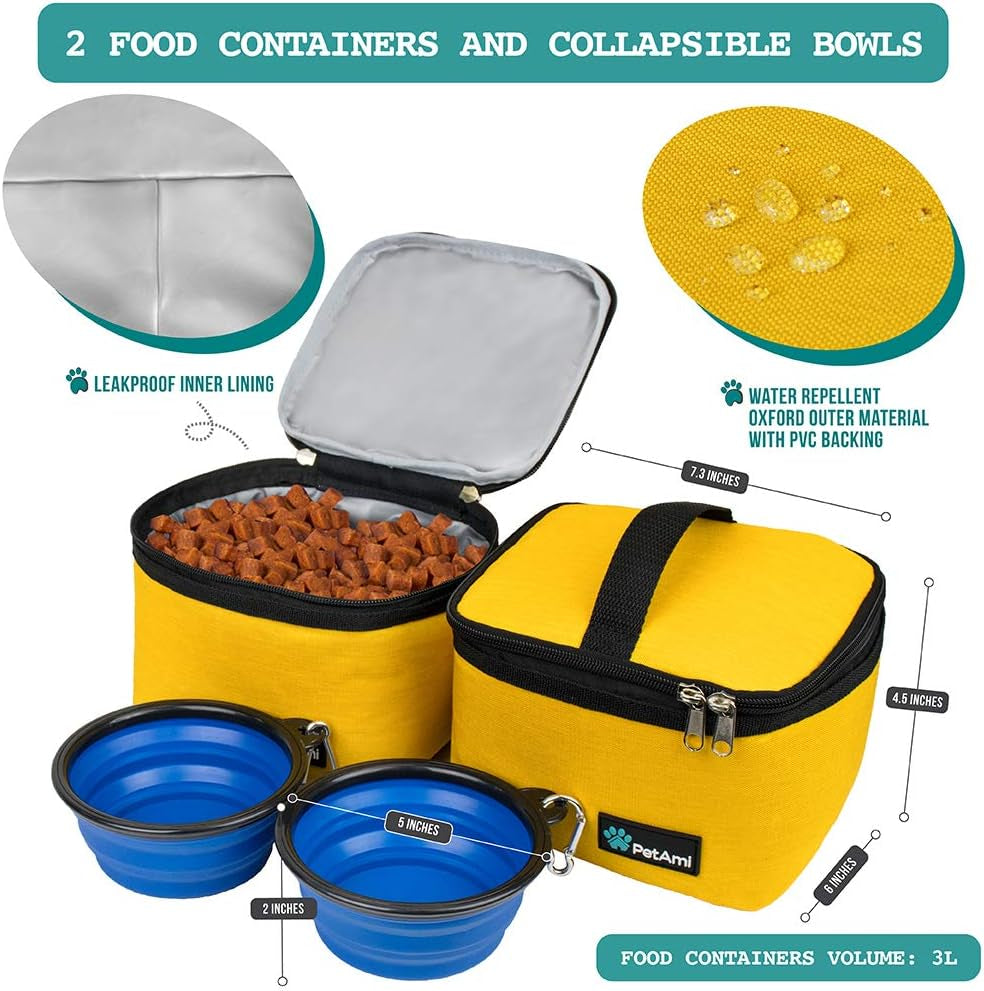 Dog Travel Bag Organizer, Pet Supplies Diaper Tote, Yellow Medium | Pet Travel Kit with 2 Food Containers & 2 Collapsible Dog Bowls, Luggage Sleeve, Weekend Getaway Road Trip Camping Essentials