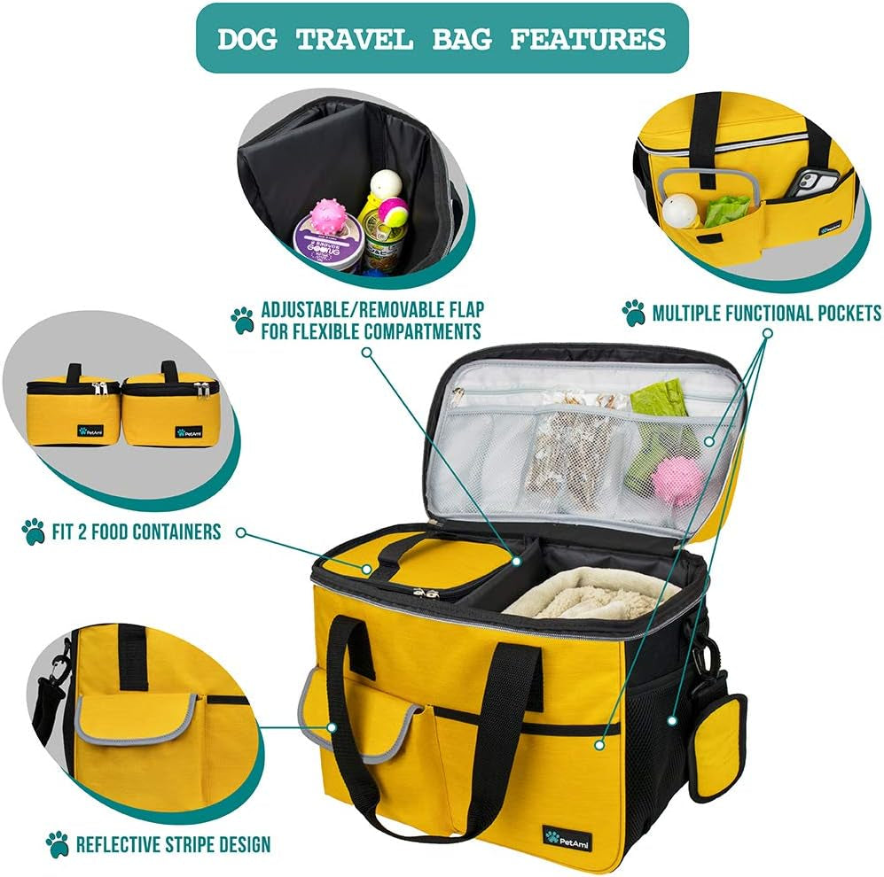 Dog Travel Bag Organizer, Pet Supplies Diaper Tote, Yellow Medium | Pet Travel Kit with 2 Food Containers & 2 Collapsible Dog Bowls, Luggage Sleeve, Weekend Getaway Road Trip Camping Essentials