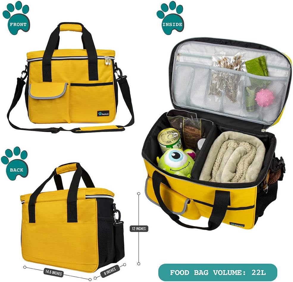 Dog Travel Bag Organizer, Pet Supplies Diaper Tote, Yellow Medium | Pet Travel Kit with 2 Food Containers & 2 Collapsible Dog Bowls, Luggage Sleeve, Weekend Getaway Road Trip Camping Essentials